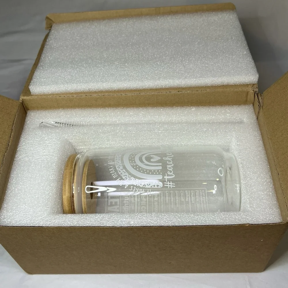 Teacher Appreciation Glass Cup with Lid 2 Straws & Brush 16 Oz New In Box‎ Gift